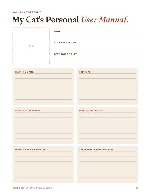 Sample workbook page: My Cat's Personal User Manual, with spaces for favorite game, toys, nap spots and treats